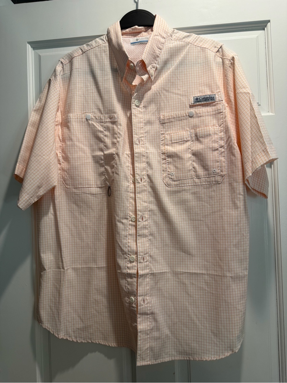 Columbia Men’s Short-Sleeve Peach Plaid Button-Front Shirt